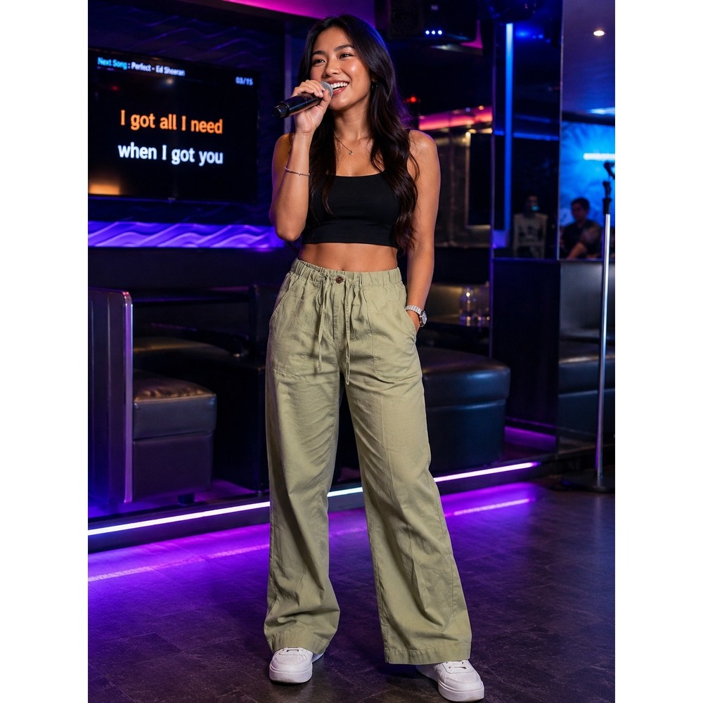 Caribbean Joe Sage Green Herringbone Wide Leg Drawstring Pants Size M